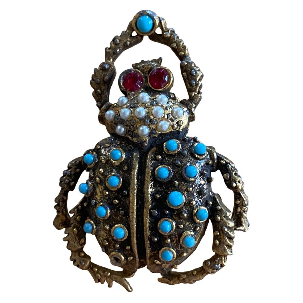 Vintage Beetle Brooch Pin With Turquoise & Pearl Accents